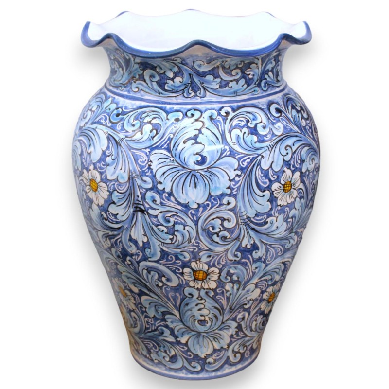 Porta-guarda-chuva grande, cerâmica siciliana, com cerca de 50 cm de altura. decoração barroca e flores sobre fundo azul