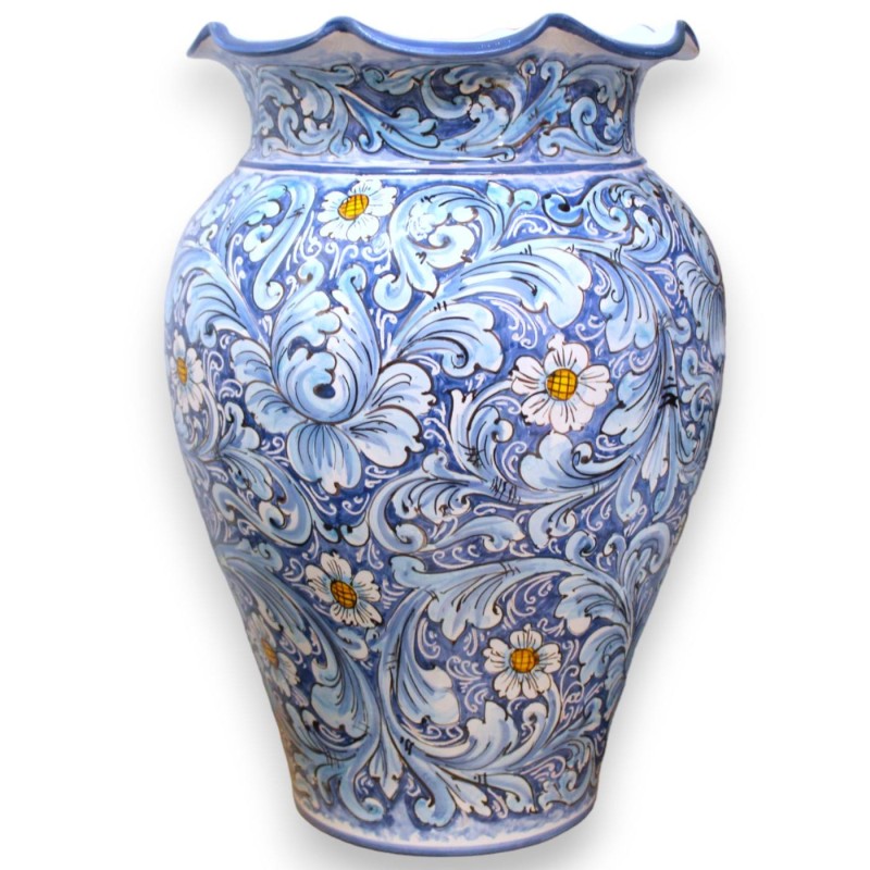 Grande Giara portaombrelli, ceramica Siciliana, h 50 cm ca. decoro barocco e fiori su fondo blu e turchese - 