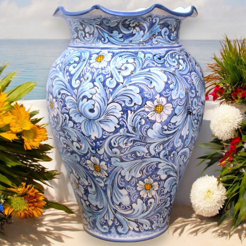 Grande Giara portaombrelli, ceramica Siciliana, h 50 cm ca. decoro barocco e fiori su fondo blu e turchese - 