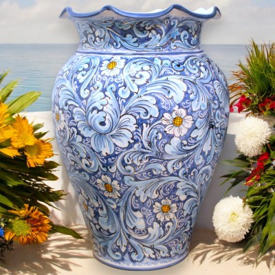 Grote paraplubak, Siciliaans keramiek, ca. h 50 cm. barokke decoratie en bloemen op een blauwe en turquoise achtergrond 