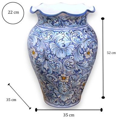 Tarro paraguas grande, cerámica siciliana, de unos 50 cm de altura. decoración barroca y flores sobre un fondo azul y tu