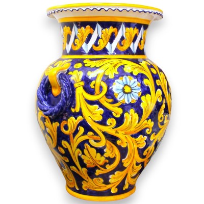Schirmdose mit Torchon-Griffen, sizilianische Keramik, ca. 50 cm hoch. barocke, florale und geometrische Dekoration auf 