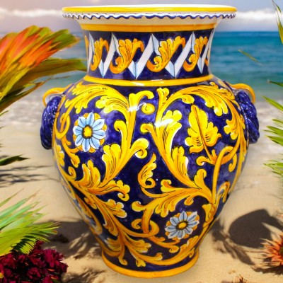 Tarro paraguas con asas tipo antorcha, cerámica siciliana, altura 50 cm aprox. decoración barroca, floral y geométrica s