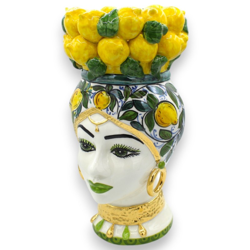 Caltagirone Moor's Head, h ca 37 cm (1 st), dekoration och krona av citroner, 24k rent guld emalj. - 