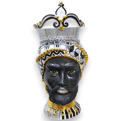 Cabezas de moro siciliano (1ud) h 55 cm aprox. Cerámica Caltagirone, esmalte de oro puro, decoración moderna en blanco y negro.