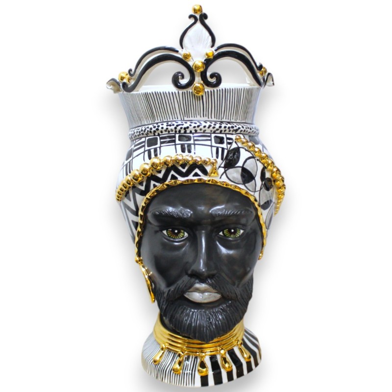 Sicilianska hedhuvuden (1 st) h 55 cm ca. Caltagirone keramik, emalj i rent guld, modern svartvit dekoration - 