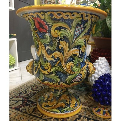 Vaso Villa em cerâmica Caltagirone, asas e cabeças de leão - Fundo azul - Mede cerca de 52x41 cm - 