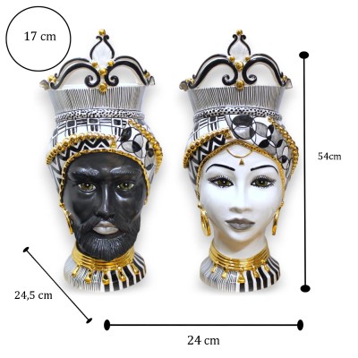 Têtes de lande siciliennes (1pc) h env. Céramique Caltagirone, émail or pur, décoration moderne noir et blanc - 