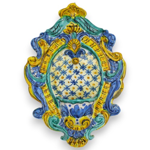 Sicilian ceramic holy water stoup - h 30 x W 20 cm approx. baroque decoration MD7 - 