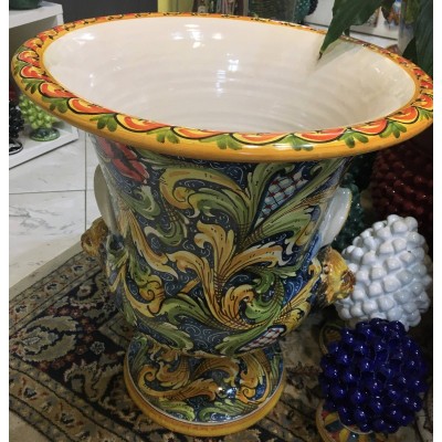 Vase Ceramic Villa av Caltagirone, handtag och lejon huvuden - Blue Bottom - Åtgärder om 52x41 cm - 