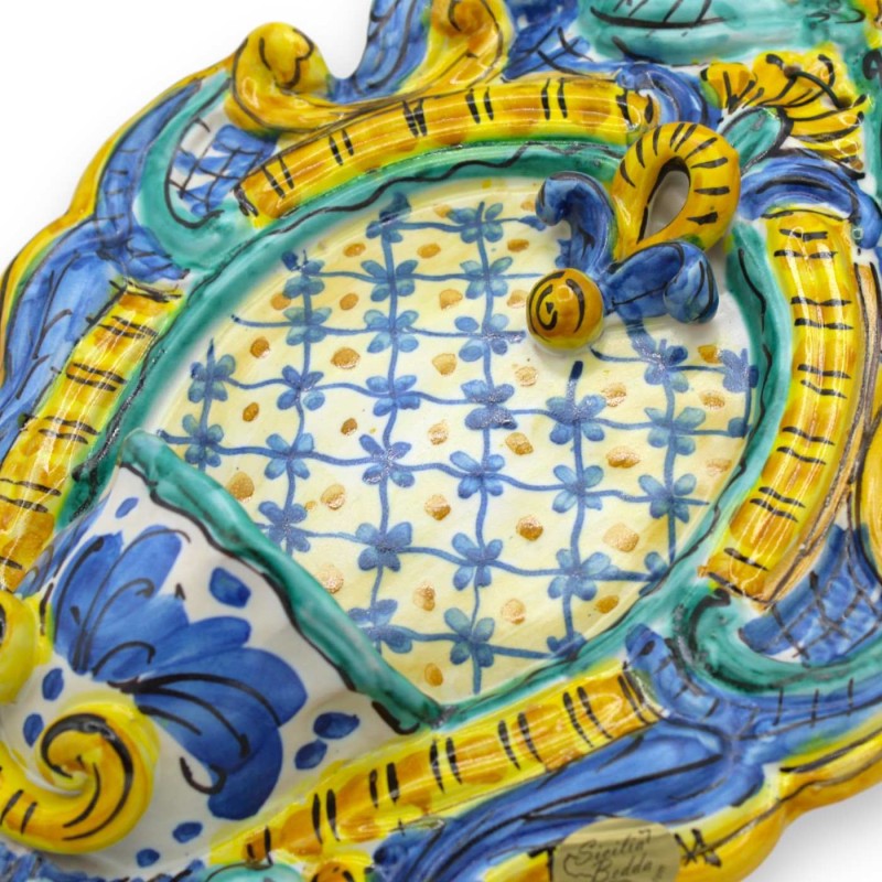 Acquasantiera in ceramica Siciliana - h 30 x L 20 cm ca. decoro barocco MD7 - 