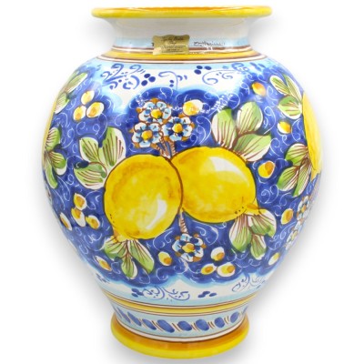 Vaso tigela, h 35 x Ø 25 cm aprox. Cerâmica Caltagirone com decoração de limões sobre fundo azul - 