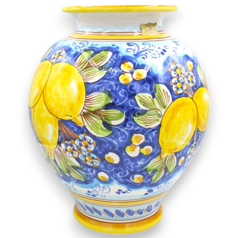 Vaso tigela, h 35 x Ø 25 cm aprox. Cerâmica Caltagirone com decoração de limões sobre fundo azul - 