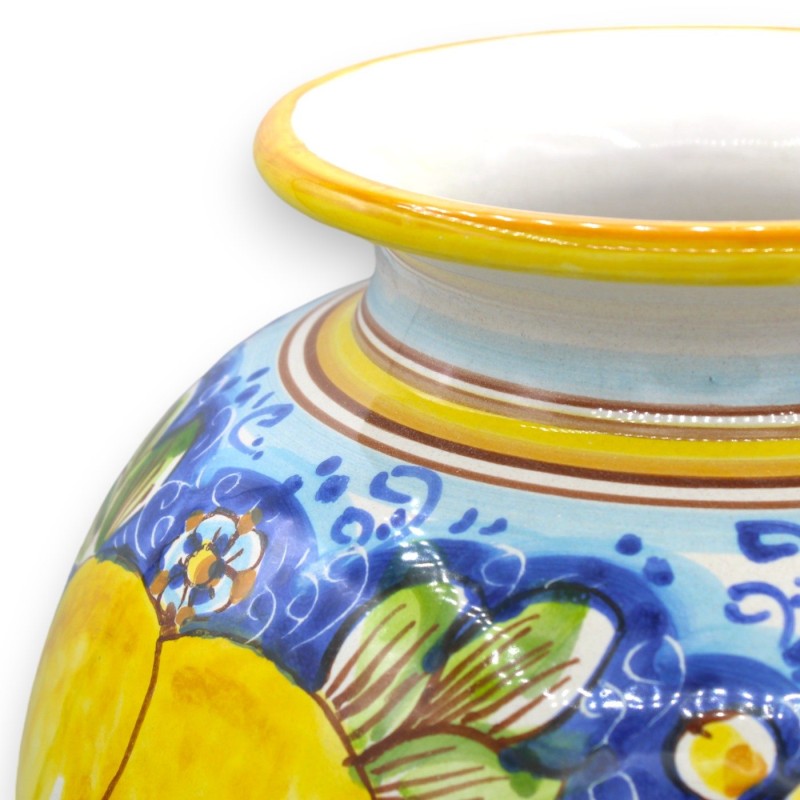 Vaso tigela, h 35 x Ø 25 cm aprox. Cerâmica Caltagirone com decoração de limões sobre fundo azul - 