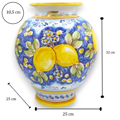 Vaso tigela, h 35 x Ø 25 cm aprox. Cerâmica Caltagirone com decoração de limões sobre fundo azul - 