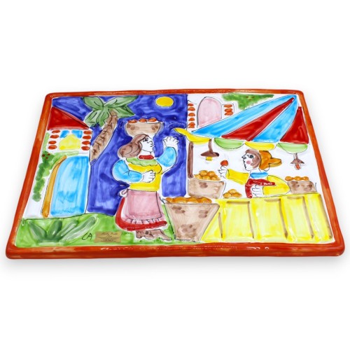 Panneau mural en céramique de haute qualité, L env. 40 x 30 cm. Décor en relief : Marché -  2