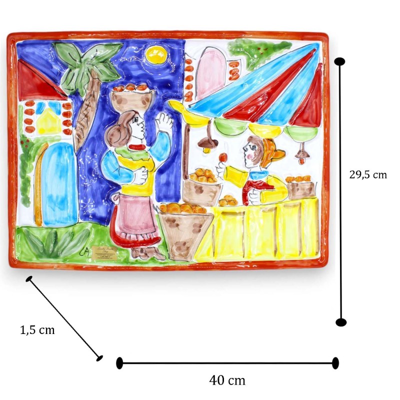 Pannello da parete, in pregiata ceramica, L 40 x 30 cm ca. Decoro in rilievo: Mercato - 