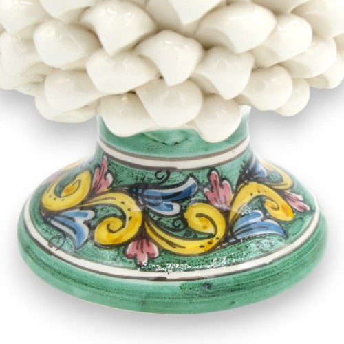 Sicilian Pine Cone in Caltagirone Ceramic, White - 2 size options (1pc) Baroque decoration stem and green background -  2