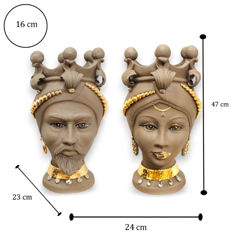 Têtes de maures siciliennes (1pc) h env. Céramique Caltagirone, argile noire, émail or pur 24 carats et platine - 