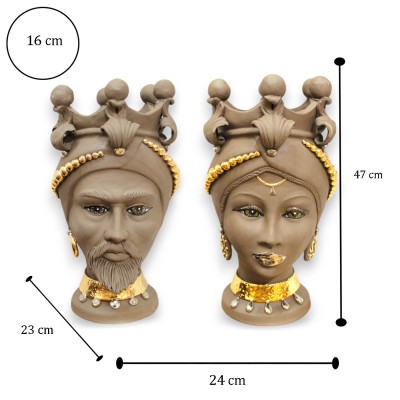 Têtes de maures siciliennes (1pc) h env. Céramique Caltagirone, argile noire, émail or pur 24 carats et platine - 