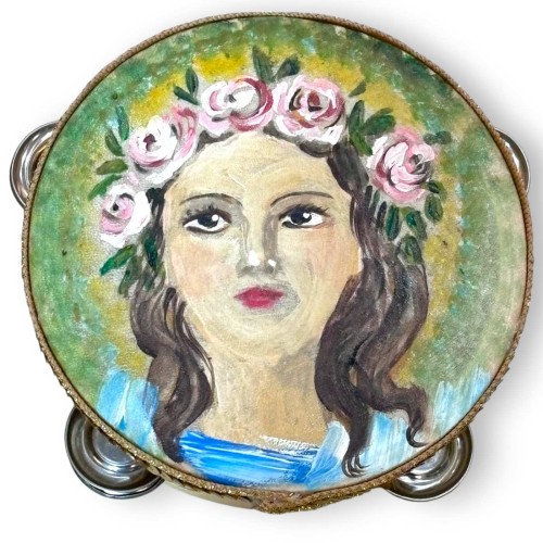 Tamburello Siciliano con sonagli, Ø 15 cm ca. in legno e vera pelle, dipinto a mano, Santa Rosalia MD3 - 