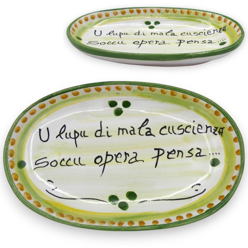Plateau ovale, céramique Caltagirone - Assiette de service Proverbes siciliens (1 pièce), L 22 x 14 cm environ. Diverses