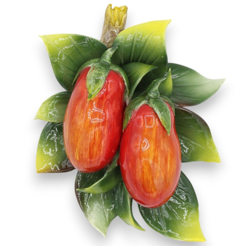Fascio con composizione di pomodori San Marzano e foglie in pregiata ceramica - h 20 x 15 cm ca. - 