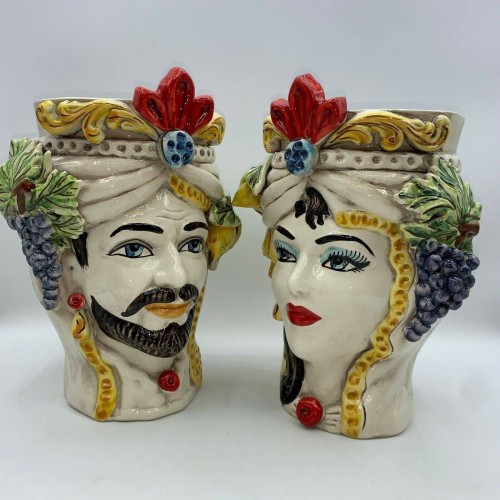 Siciliaanse Moorkoppen (1st) h ca. 27 cm Caltagirone keramiek, Klassiek model met fruit -  2