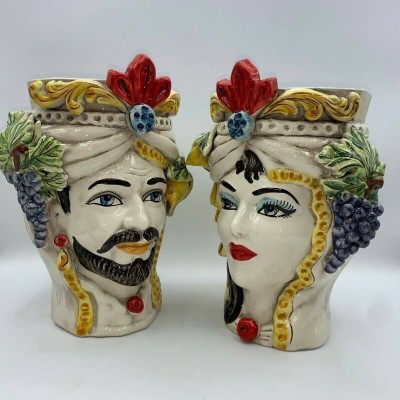 Teste di Moro Siciliane (1Unità) h 27 cm ca. ceramica Caltagirone, Modello Classico con Frutta - 