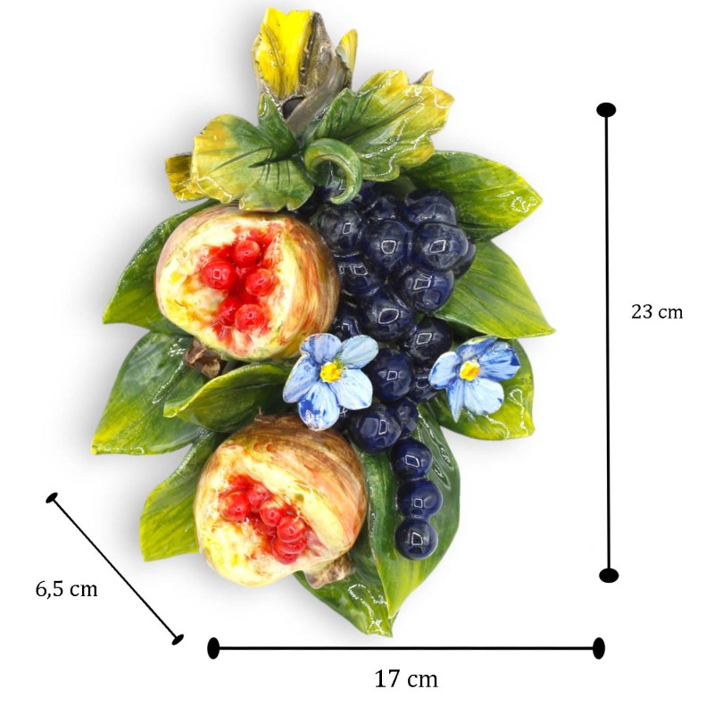 Pacote com composição de romãs, uvas, folhas e flores em cerâmica fina - h 23 x 17 cm aprox. - 