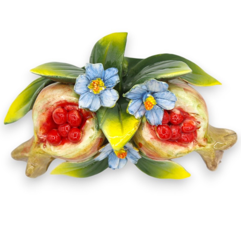 Pacote com composição de romãs, flores e folhas em cerâmica fina - h 9 x 13 cm aprox. - 
