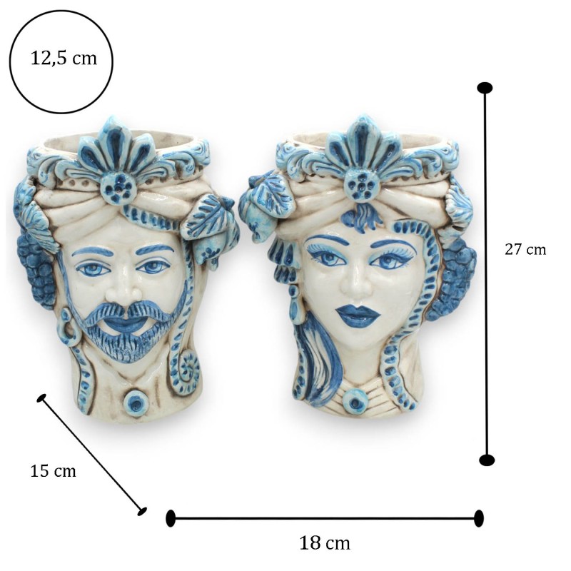 Teste di moro Siciliane (1Unità) h 27 cm ca. Caltagirone Blu anticato Vello Modello classico con frutta - 