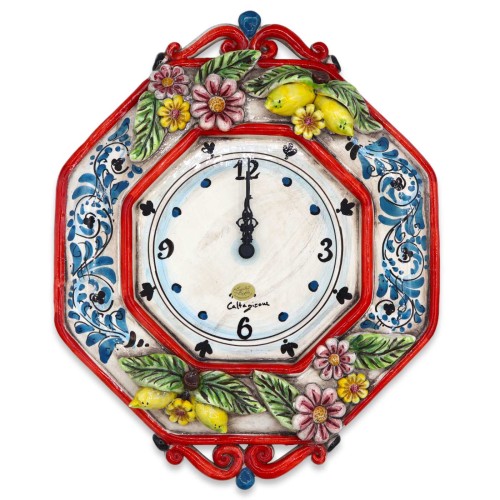 Orologio in ceramica Caltagirone - h 43 cm ca. Completo di Ingranaggio, decoro '600, applicazioni limoni -