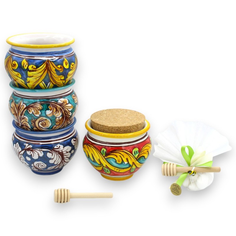 Caltagirone keramische vaas Ø 9 cm ca. (1st) met biologische honing (100g), zakje met 5 gesuikerde amandelen - 