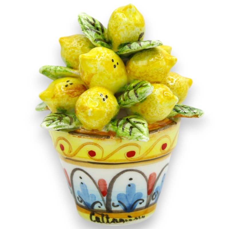 Vase végétal avec composition de citrons, feuilles et fleurs, h environ 9 cm. Céramique de Caltagirone - 