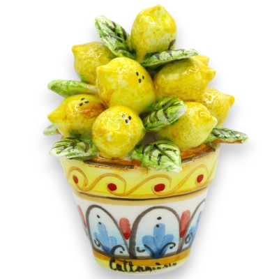 Vase végétal avec composition de citrons, feuilles et fleurs, h environ 9 cm. Céramique de Caltagirone - 