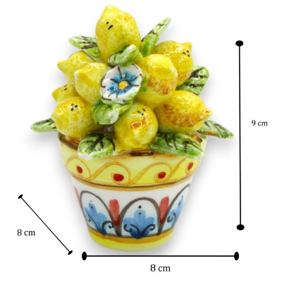 Vase végétal avec composition de citrons, feuilles et fleurs, h environ 9 cm. Céramique de Caltagirone - 