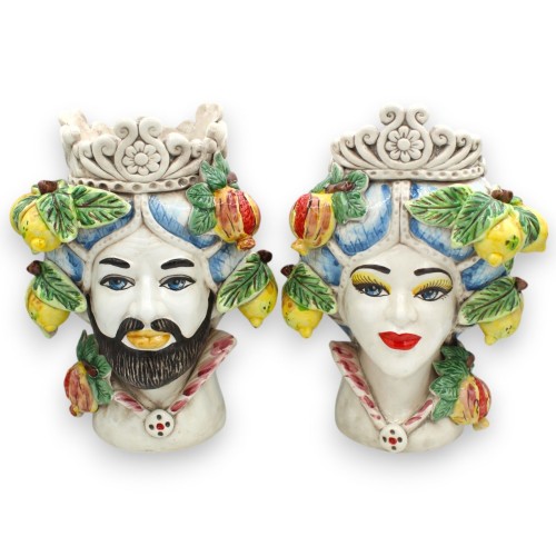 Cabezas de moro siciliano (1 pieza) h aprox. Cerámica de Caltagirone, modelo normando, turbante azul y fruta. - 