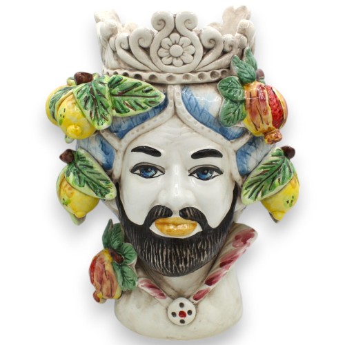 Têtes de lande sicilienne (1pc) h env. Céramique Caltagirone, modèle normand, turban bleu et fruit