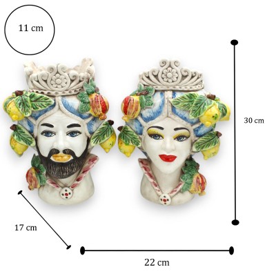 Cabezas de moro siciliano (1 pieza) h aprox. Cerámica de Caltagirone, modelo normando, turbante azul y fruta. - 