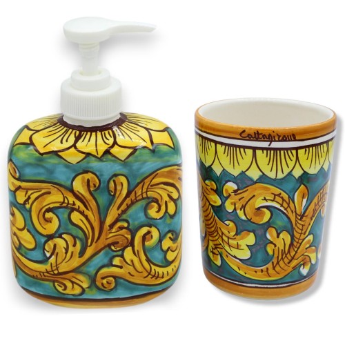 Set Bagno in ceramica di Caltagirone, verderame, Erogatore sapone liquido + Porta Spazzolini - 