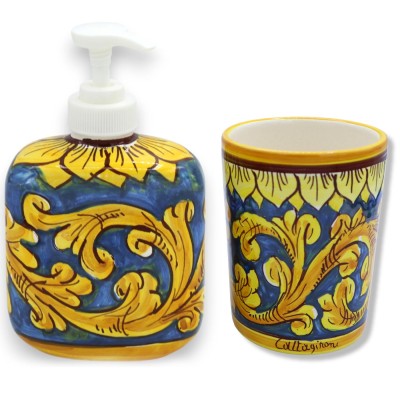 Badkamer- of keukenset in Caltagirone keramiek, blauw - Dispenser voor vloeibare zeep + houder voor keukengerei - 