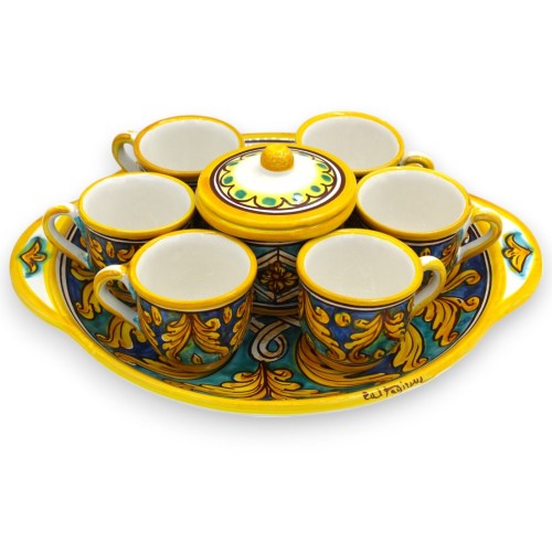 Servizio da caffè per 6 persone in ceramica Caltagirone, L 30 x h 12 cm ca. decoro barocco e geometrico - 