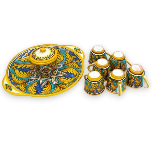 Service à café pour 6 personnes en céramique Caltagirone, L 30 x h 12 cm environ. décoration baroque et géométrique -  2