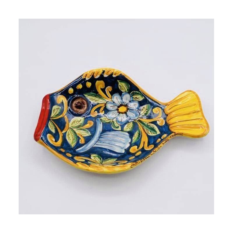 Vassoio piatto da portata forma di Pesce (1 Pz) in ceramica siciliana -  vari decori, misure 25x20 cm