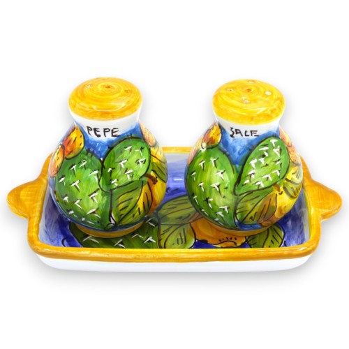 Zout- en peperset met dienblad, Siciliaans keramiek - Blauwe, cactusvijg- en citroendecoratie - 