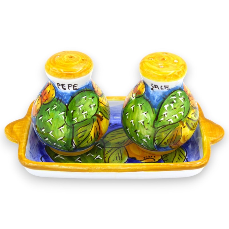 Zestaw do soli i pieprzu z tacą, sycylijska ceramika - niebieska dekoracja z opuncją i cytryną - 