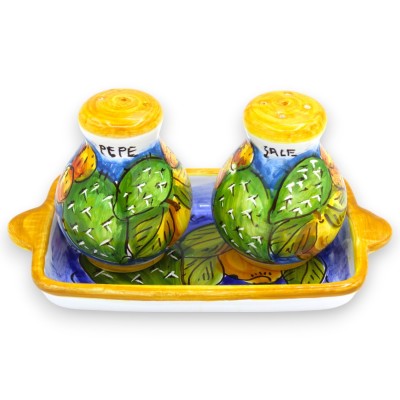 Salz- und Pfefferset mit Tablett, sizilianische Keramik – Blau, Kaktusfeigen- und Zitronendekor - 