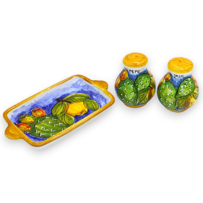 Salt and Pepper Set with Tray, Sicilian Ceramic - Blue, Prickly Pear and Lemon Decoration - 