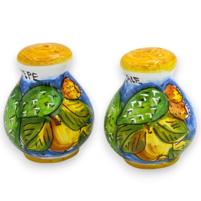Salt and Pepper Set with Tray, Sicilian Ceramic - Blue, Prickly Pear and Lemon Decoration - 
